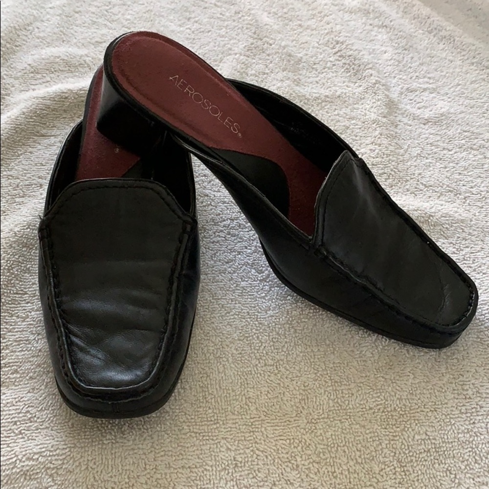 Black buttery leather mules